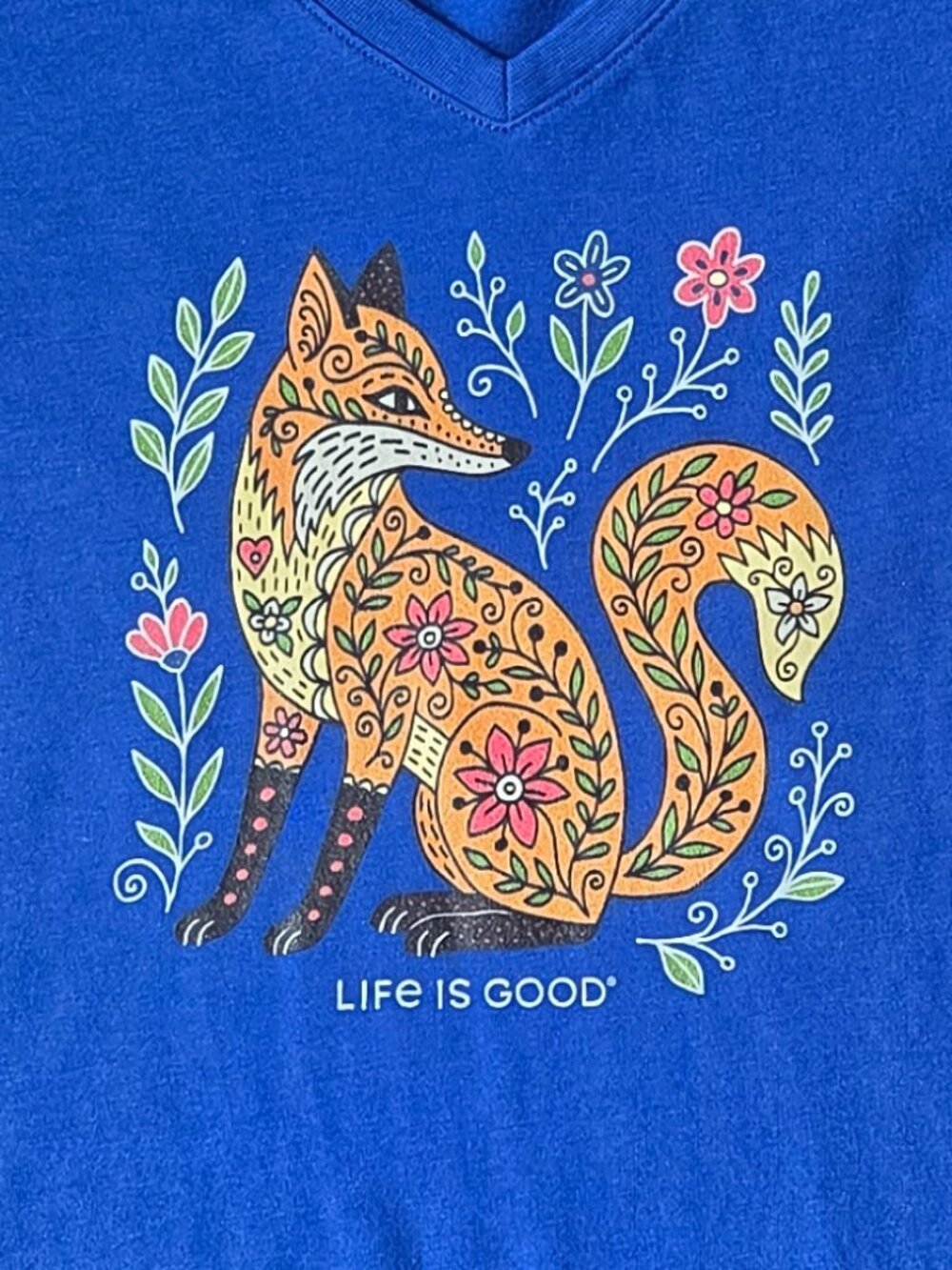 Life is Good W's Patchwork Doddle Art Fox Floral Crusher Vee Tee - Picture 4 of 7